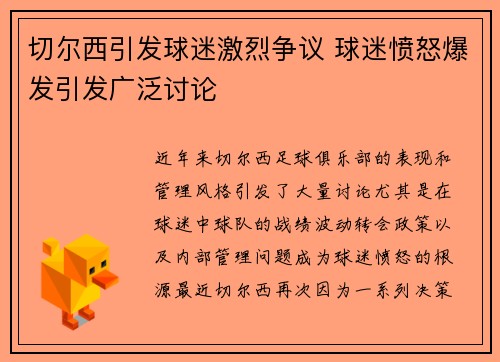 切尔西引发球迷激烈争议 球迷愤怒爆发引发广泛讨论